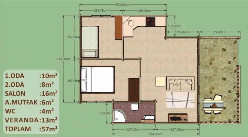 57 M2 AHŞAP VİLLA EV HAVUZLU 2+1